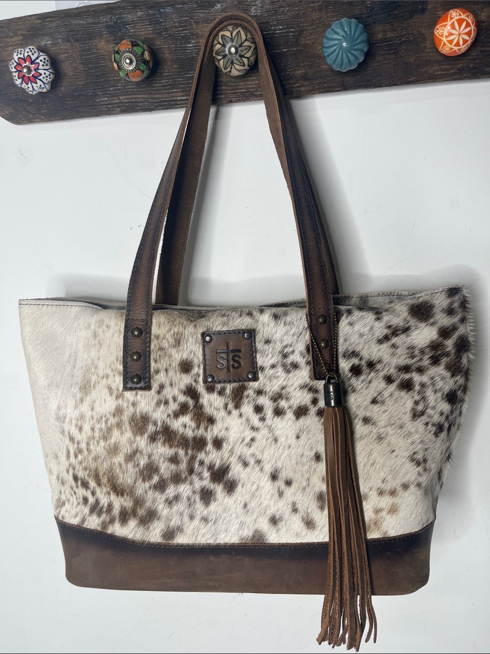 STS Ranchwear Bag - Tote Leather & cowhide Hair Fringe Tassel & Logo EUC - Picture 2 of 13